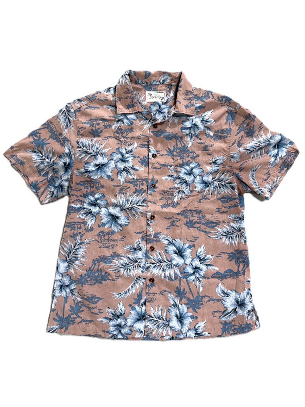 Milano Bay Mens Medium Hawaiian Shirt Dusty Pink Blue Floral Hibiscus Palm